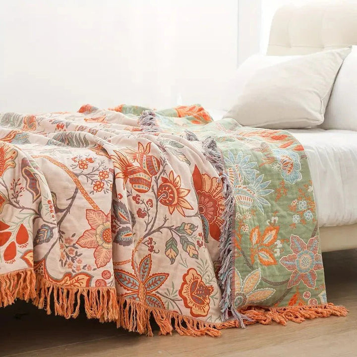 Cotton Floral Blanket with Boho Pattern