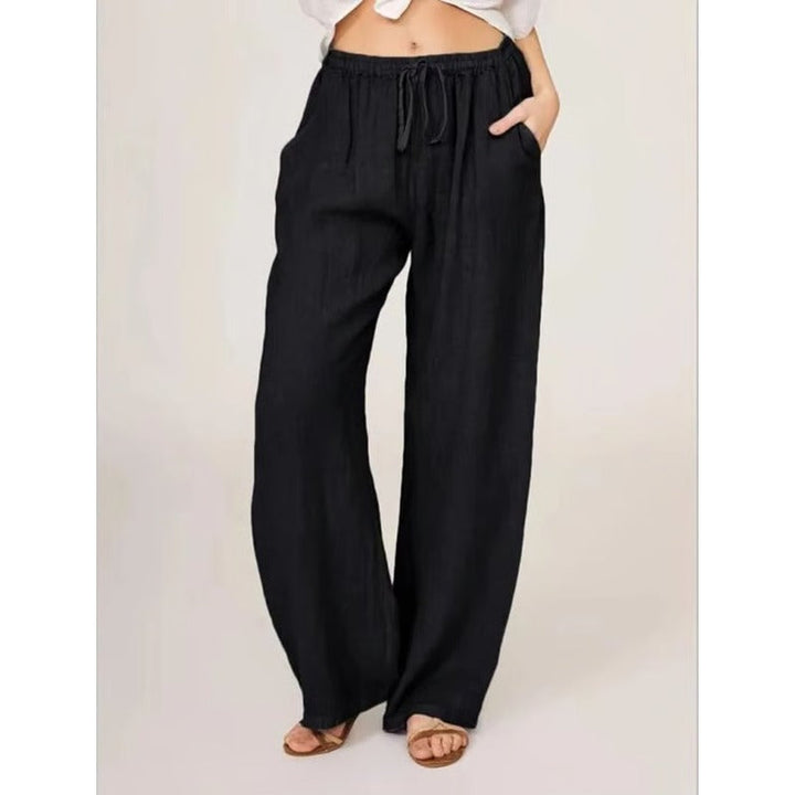 Womens Casual Linen Blend Wide Leg Trousers with Drawstring Waist and Side Pockets