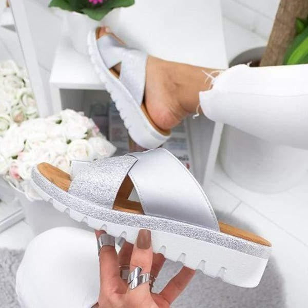 Glitter Cross-Strap Slide Sandals with Treaded Platform Sole
