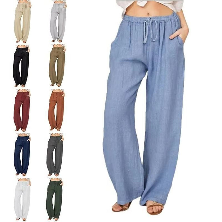 Womens Casual Linen Blend Wide Leg Trousers with Drawstring Waist and Side Pockets