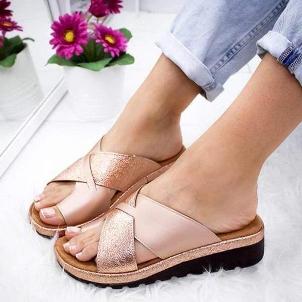 Glitter Cross-Strap Slide Sandals with Treaded Platform Sole