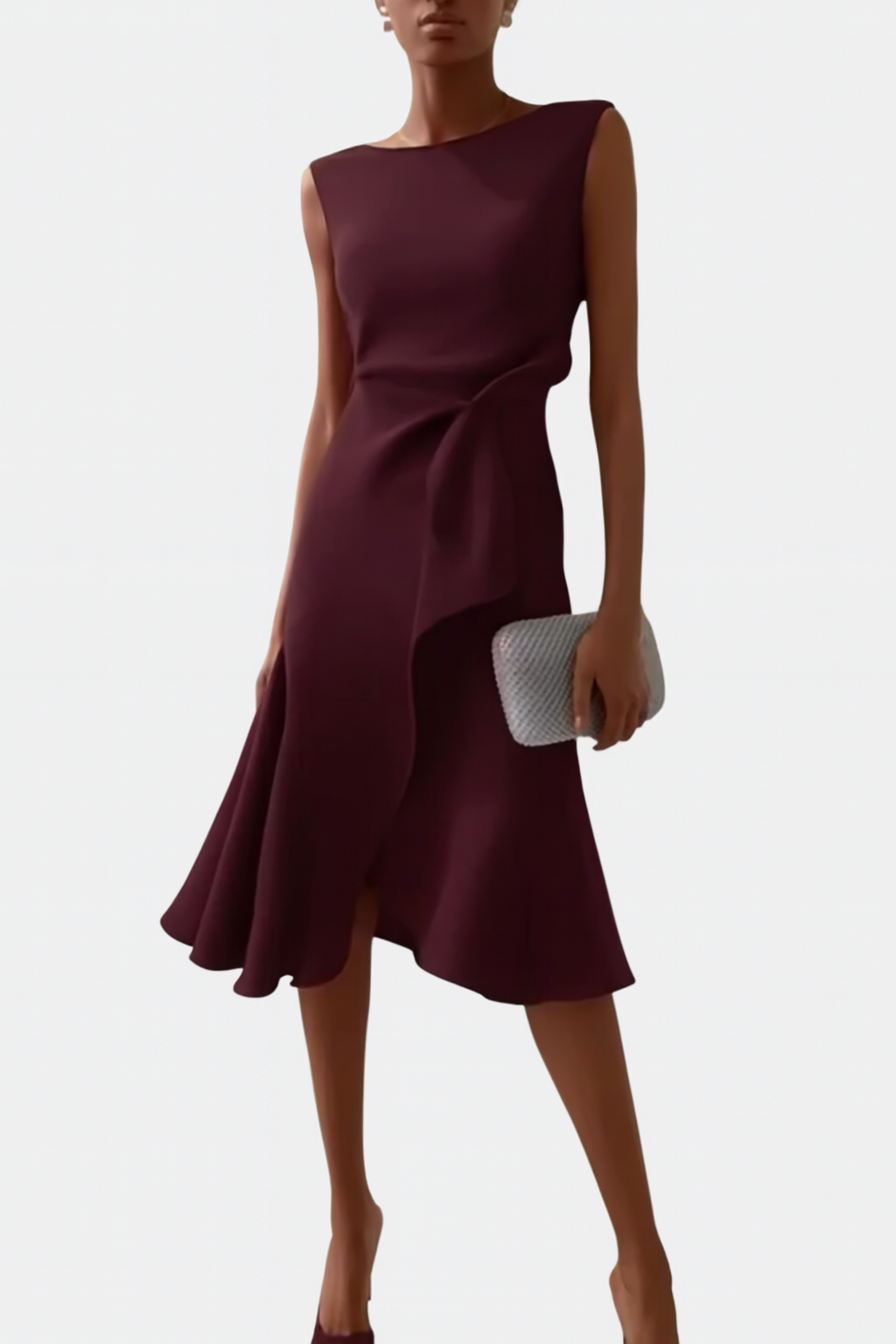 Asymmetric Midi Dress with Draped Hem and Sleeveless Cut, Lightweight Knit