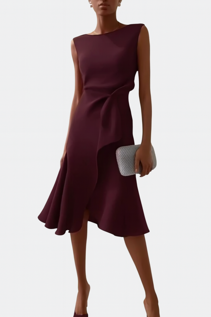 Asymmetric Midi Dress with Draped Hem and Sleeveless Cut, Lightweight Knit