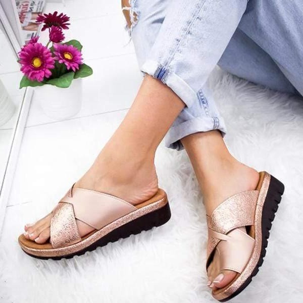 Glitter Cross-Strap Slide Sandals with Treaded Platform Sole