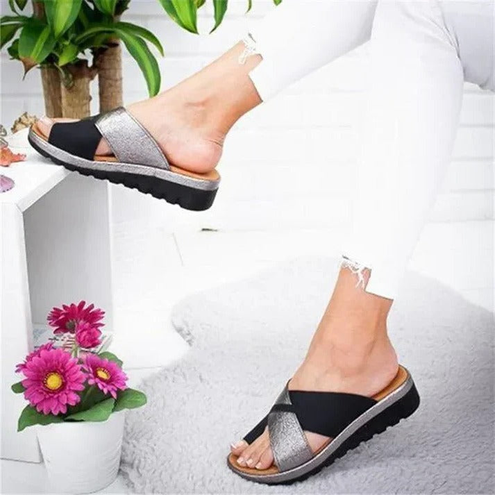 Glitter Cross-Strap Slide Sandals with Treaded Platform Sole