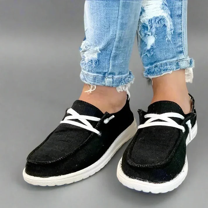 Womens Elasticated Canvas Slip-On Shoes with Roomy Toe Box and Padded Footbed
