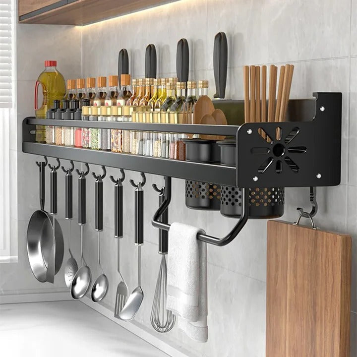 Space Saving Culinary Shelf System for Walls with Hooks and Utility Storage