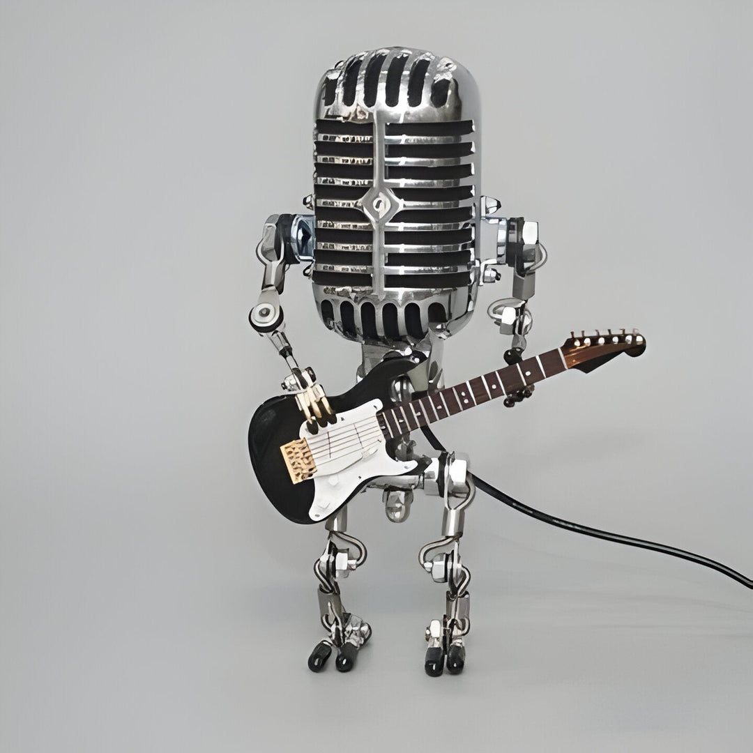Vintage Metal Microphone Robot With Guitar Lamp