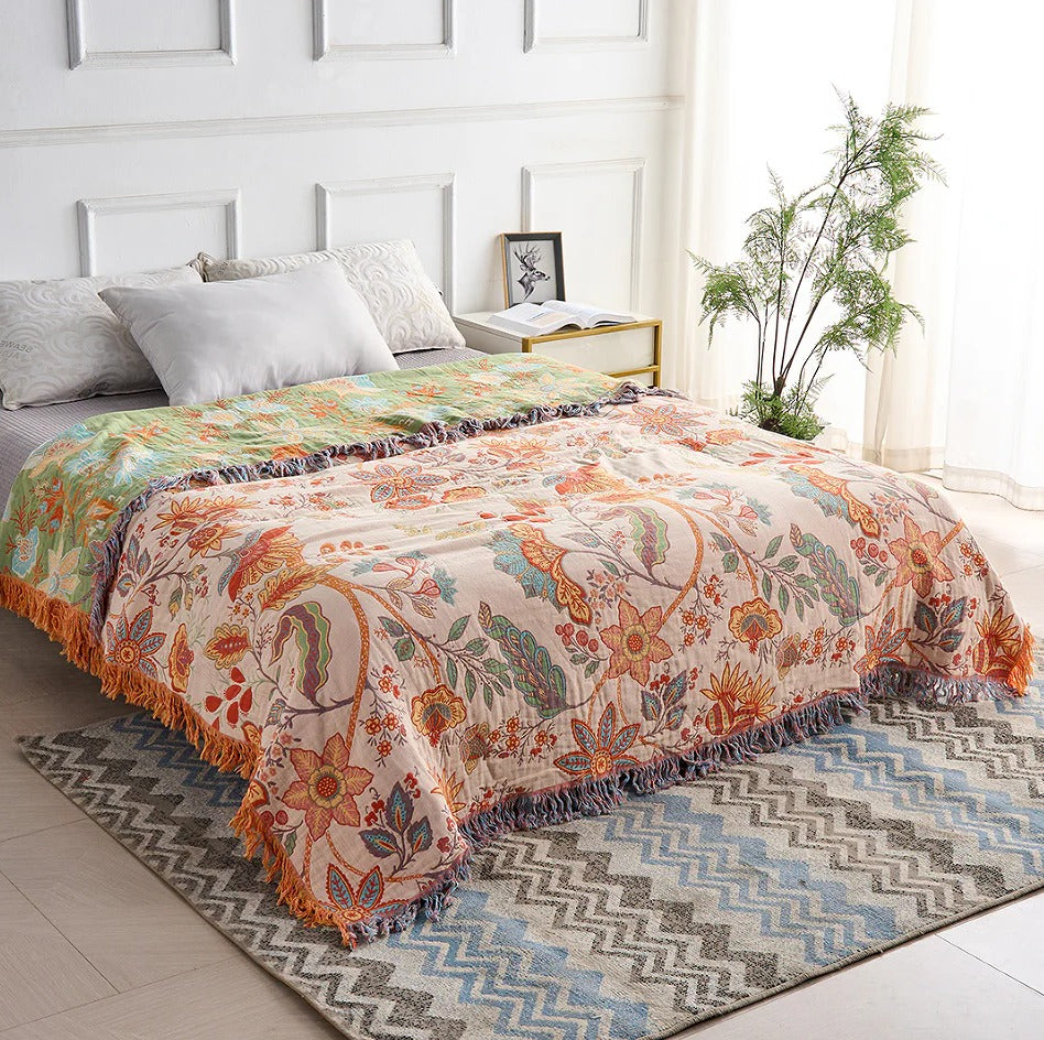 Cotton Floral Blanket with Boho Pattern