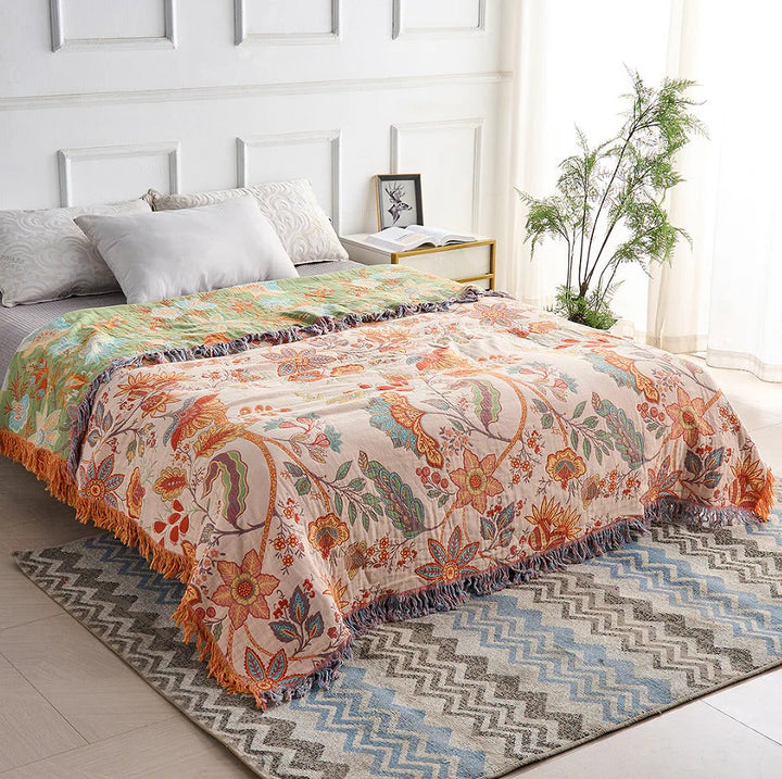 Cotton Floral Blanket with Boho Pattern