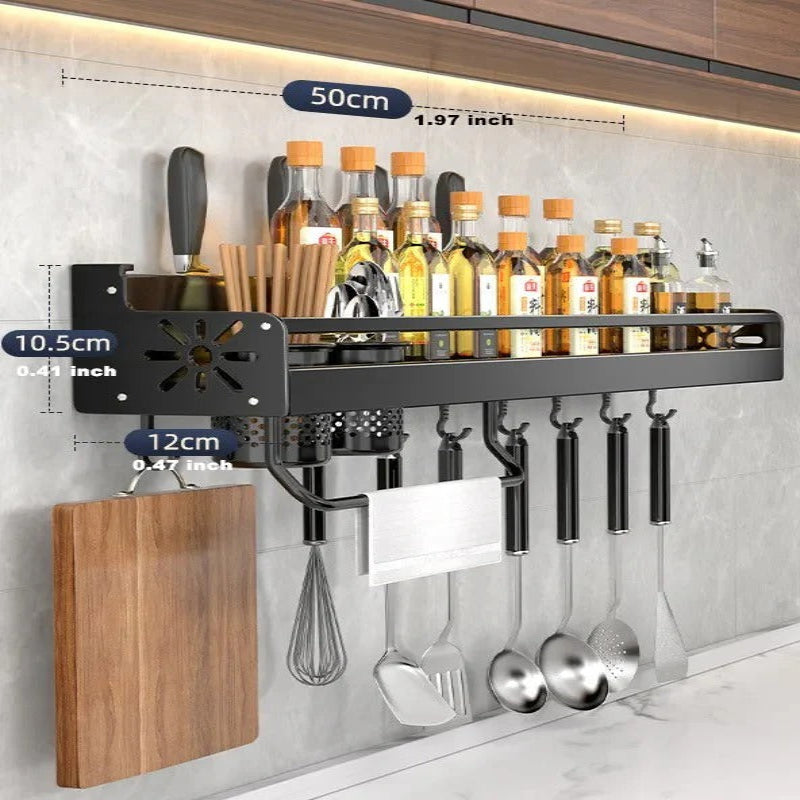 Space Saving Culinary Shelf System for Walls with Hooks and Utility Storage