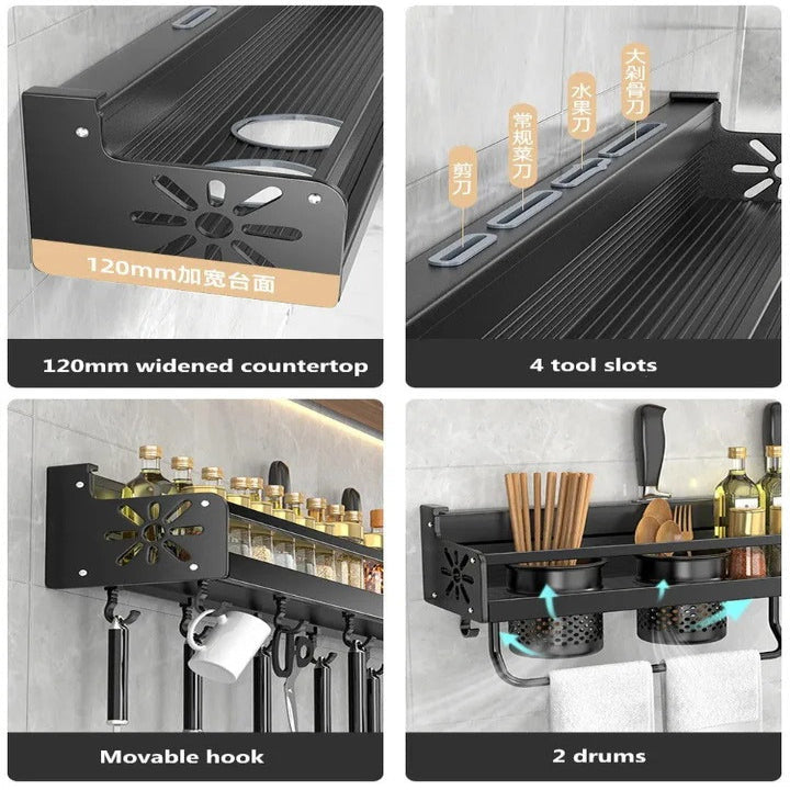 Space Saving Culinary Shelf System for Walls with Hooks and Utility Storage