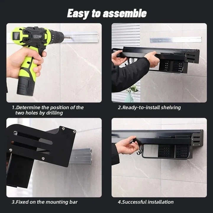 Space Saving Culinary Shelf System for Walls with Hooks and Utility Storage