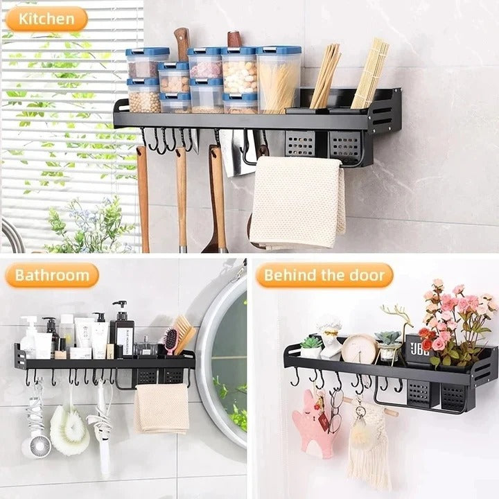 Space Saving Culinary Shelf System for Walls with Hooks and Utility Storage