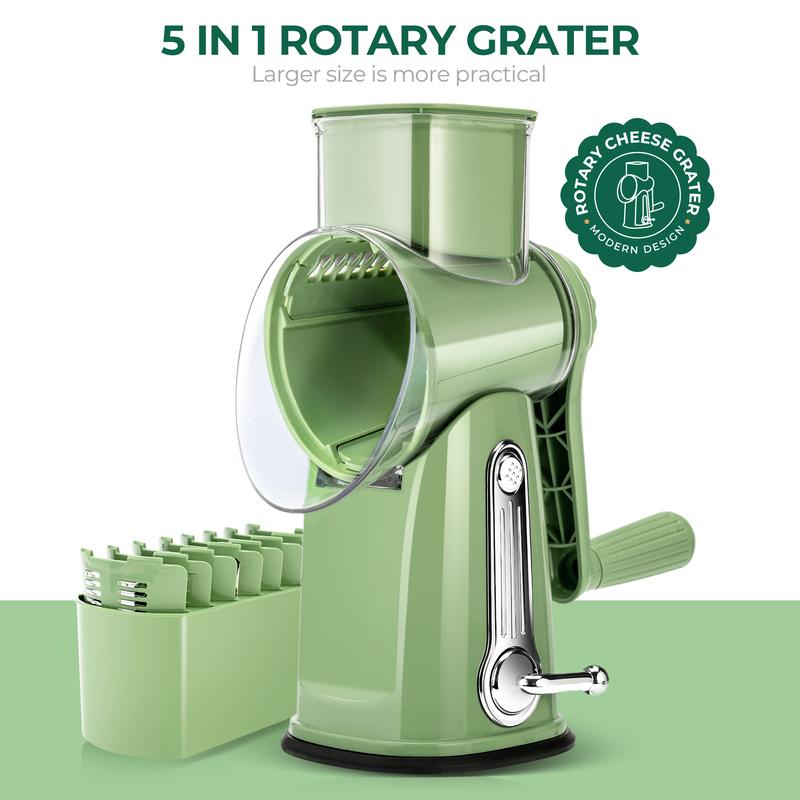 Rotary Vegetable Grater with Five Interchangeable Blades and Suction Cup Base