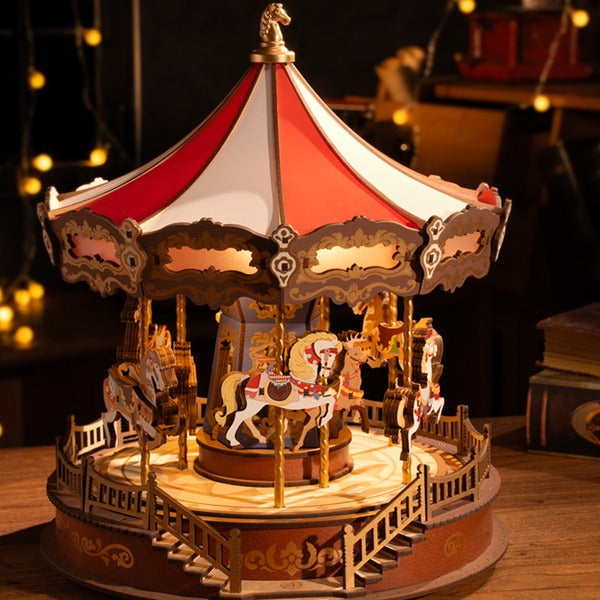 Classic Carousel Music Box, 3D Wooden Puzzle with Light and Movement