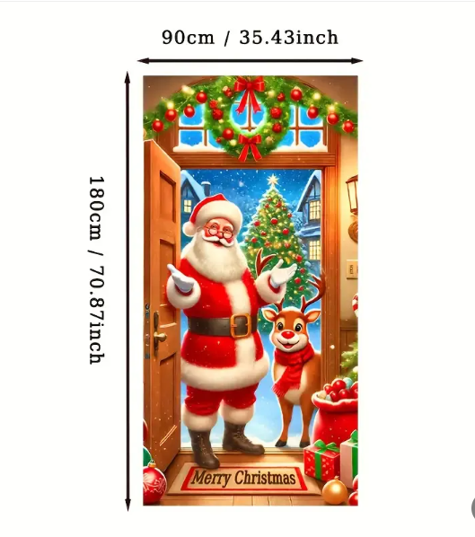 Christmas Door Cover, 3D Holiday Printed Door Decoration, 90 × 180 cm
