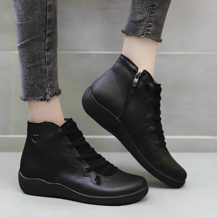 Womens Leather-Look Ankle Boots with Chunky Heel and Side Zipper Closure