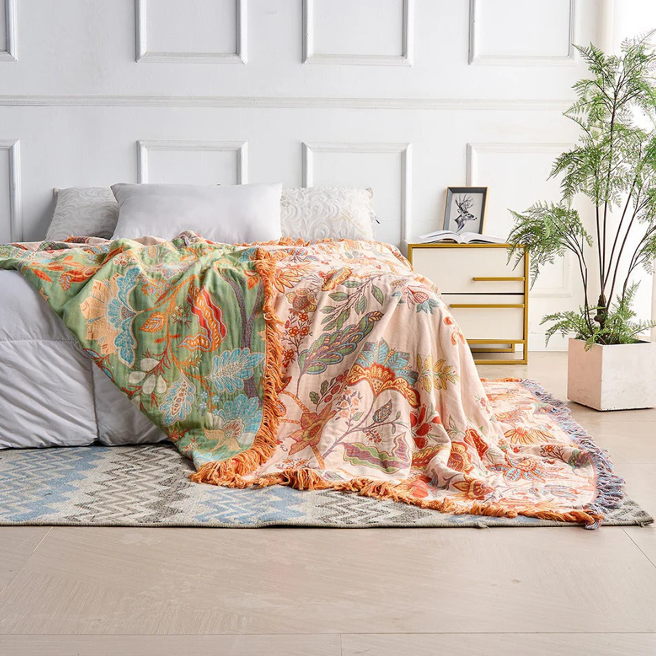 Cotton Floral Blanket with Boho Pattern