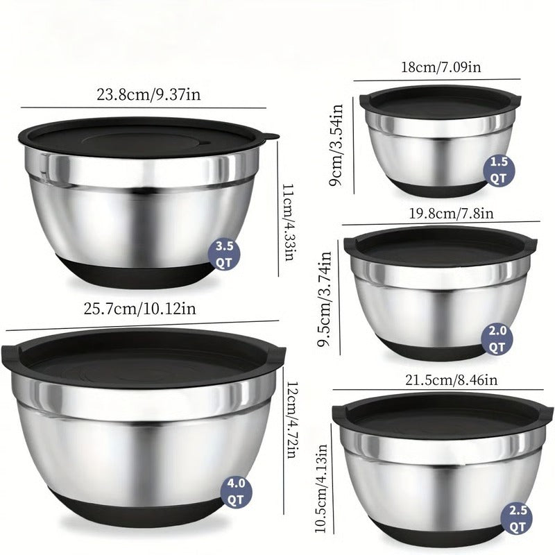 8 Piece Stainless Steel Baking Bowl Set with Sealed Lids and Rubberized Non-Slip Base