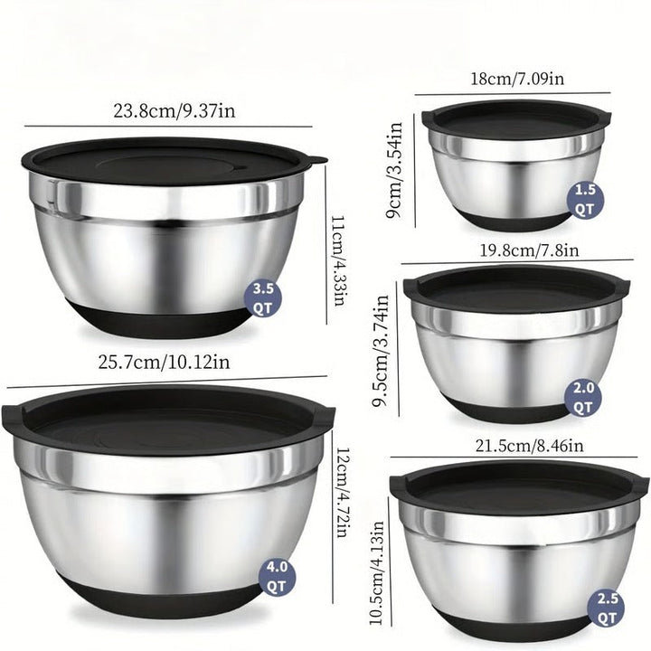 8 Piece Stainless Steel Baking Bowl Set with Sealed Lids and Rubberized Non-Slip Base