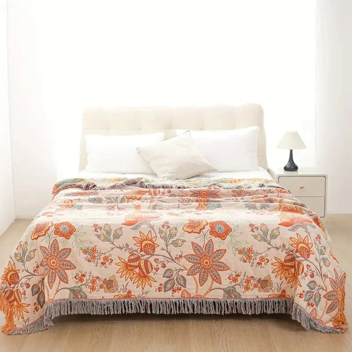 Cotton Floral Blanket with Boho Pattern