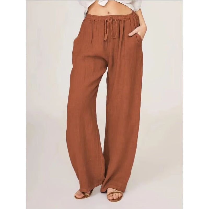Womens Casual Linen Blend Wide Leg Trousers with Drawstring Waist and Side Pockets