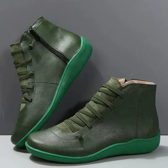 Womens Leather-Look Ankle Boots with Chunky Heel and Side Zipper Closure