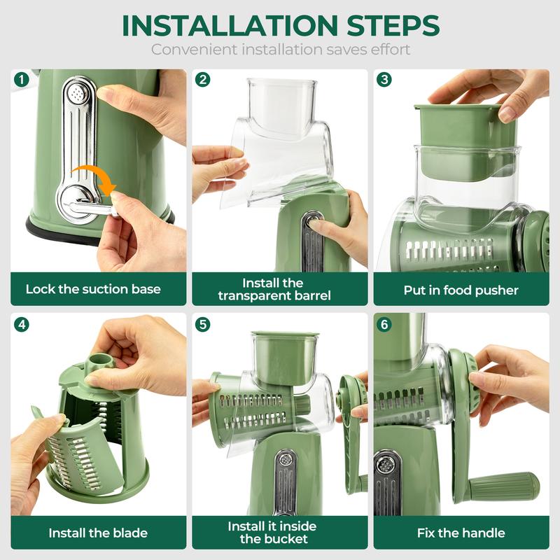 Rotary Vegetable Grater with Five Interchangeable Blades and Suction Cup Base