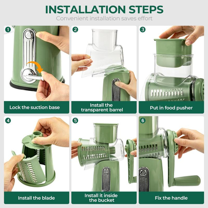 Rotary Vegetable Grater with Five Interchangeable Blades and Suction Cup Base
