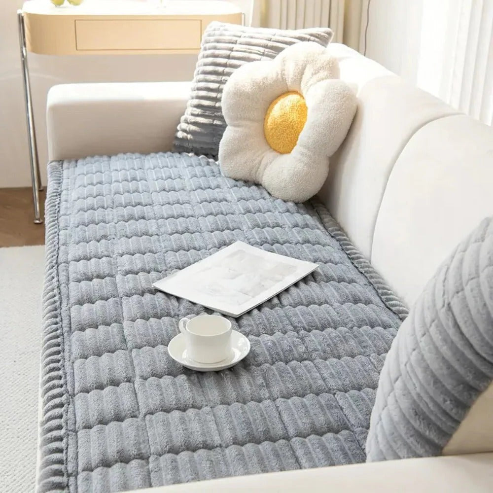 Pleated Edge Sofa Cover with Plush Fabric for Furniture