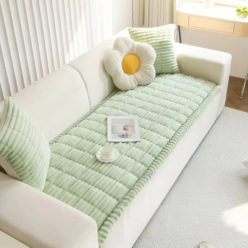 Pleated Edge Sofa Cover with Plush Fabric for Furniture