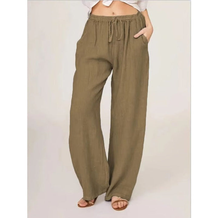Womens Casual Linen Blend Wide Leg Trousers with Drawstring Waist and Side Pockets
