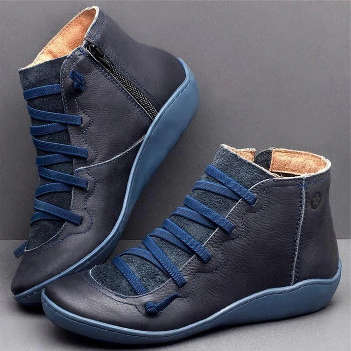 Womens Leather-Look Ankle Boots with Chunky Heel and Side Zipper Closure
