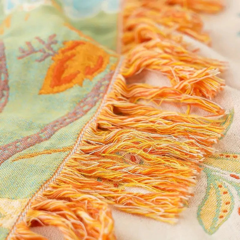 Cotton Floral Blanket with Boho Pattern