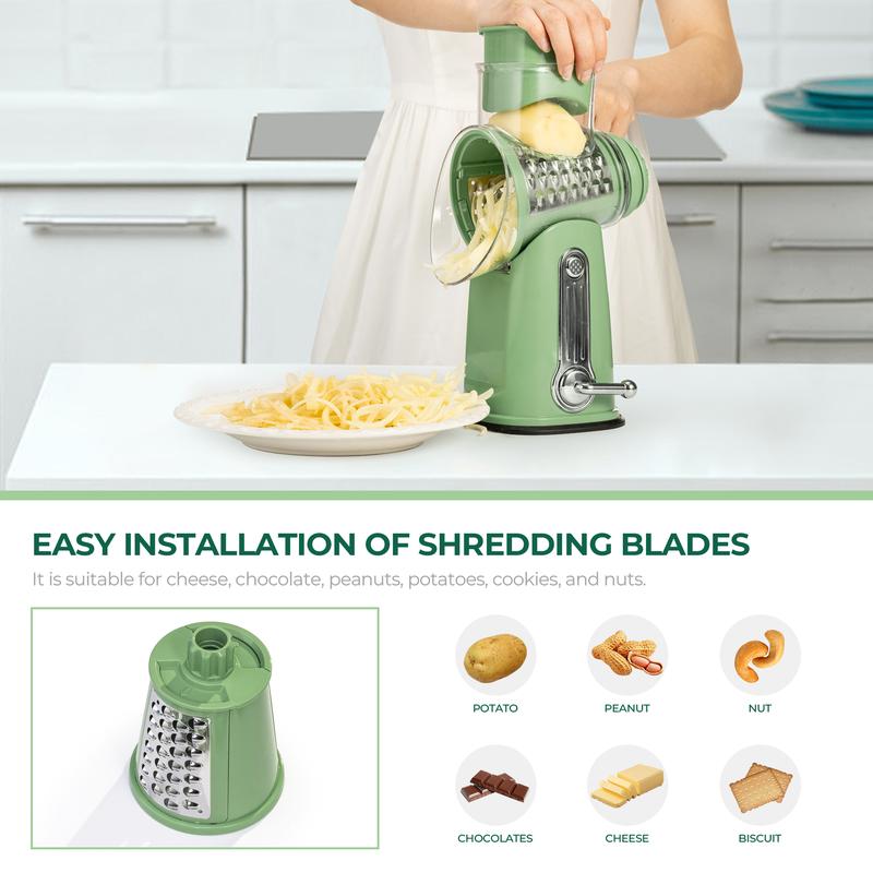 Rotary Vegetable Grater with Five Interchangeable Blades and Suction Cup Base