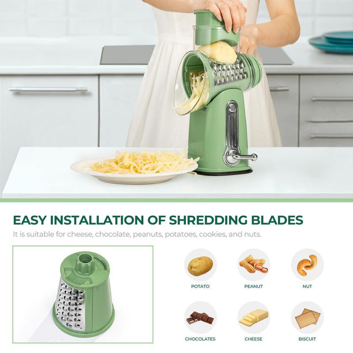 Rotary Vegetable Grater with Five Interchangeable Blades and Suction Cup Base