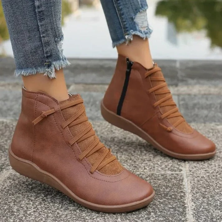 Womens Leather-Look Ankle Boots with Chunky Heel and Side Zipper Closure