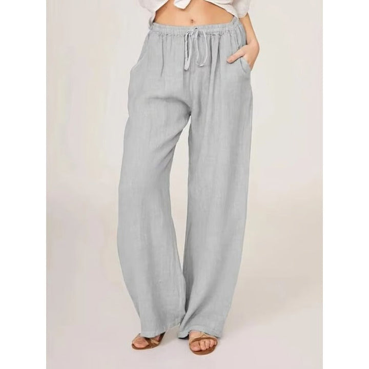 Womens Casual Linen Blend Wide Leg Trousers with Drawstring Waist and Side Pockets