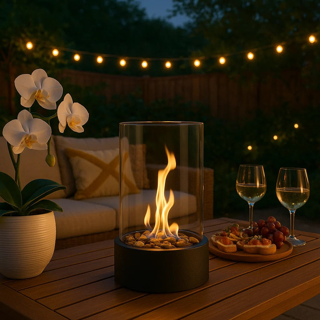Glass and Metal Tabletop Fireplace for Indoor Ambiance