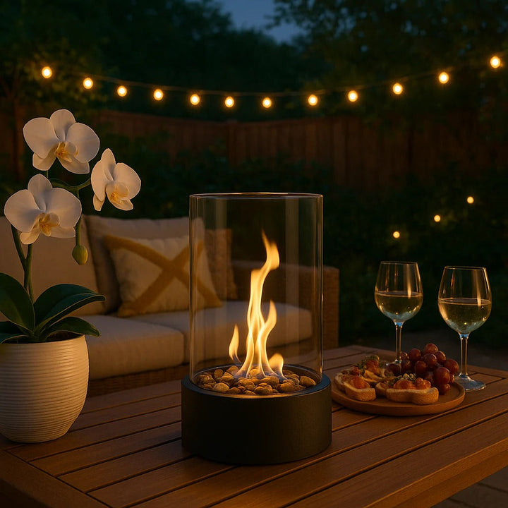 Glass and Metal Tabletop Fireplace for Indoor Ambiance