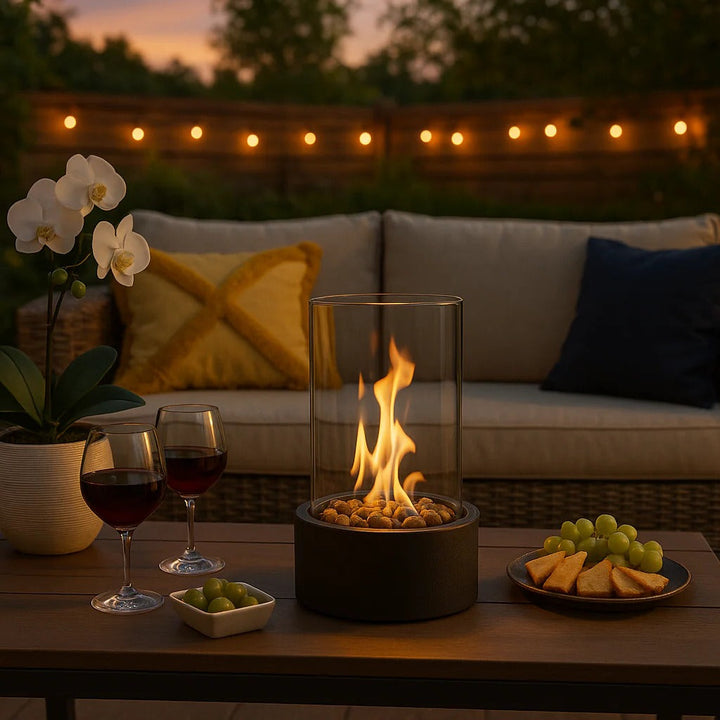 Glass and Metal Tabletop Fireplace for Indoor Ambiance