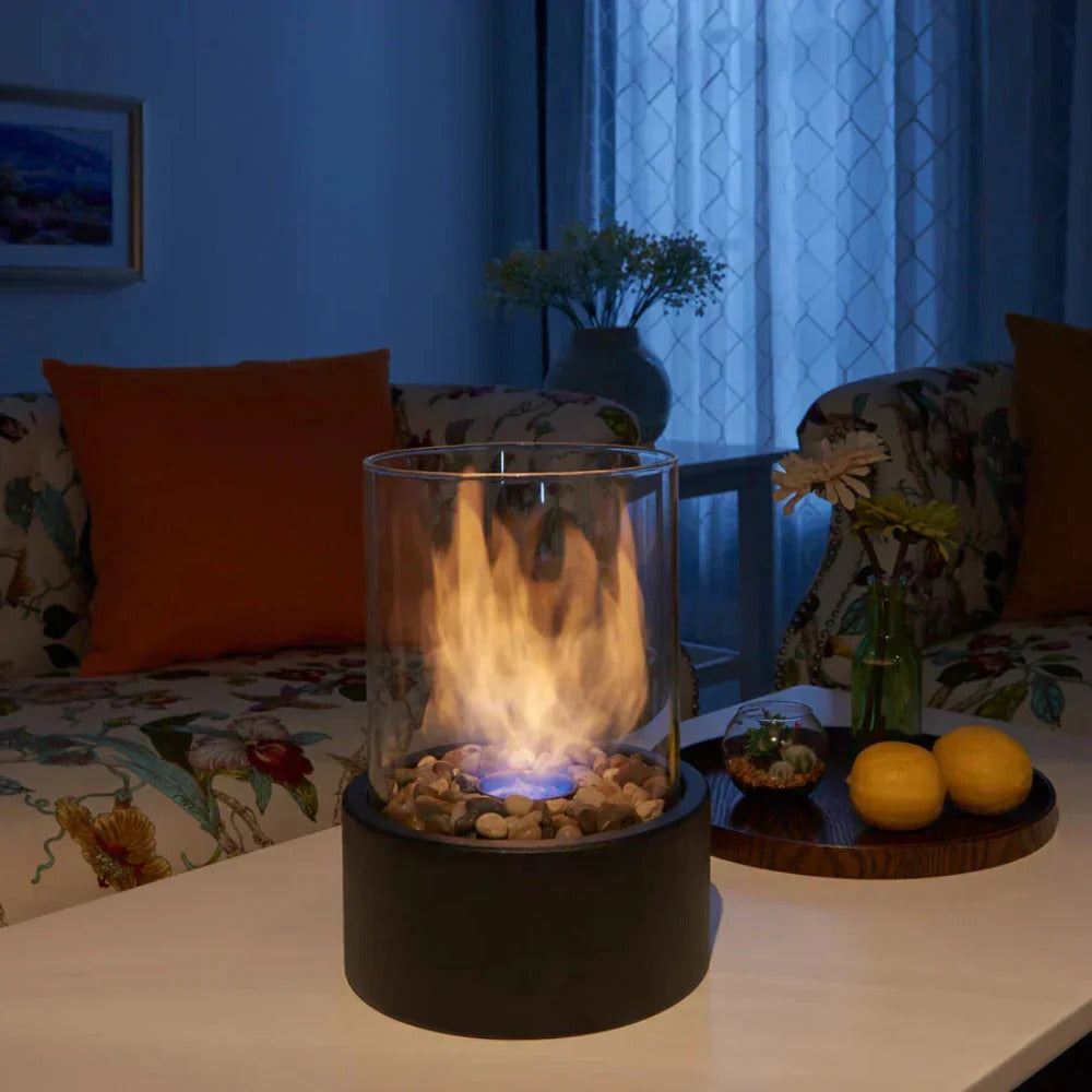 Glass and Metal Tabletop Fireplace for Indoor Ambiance