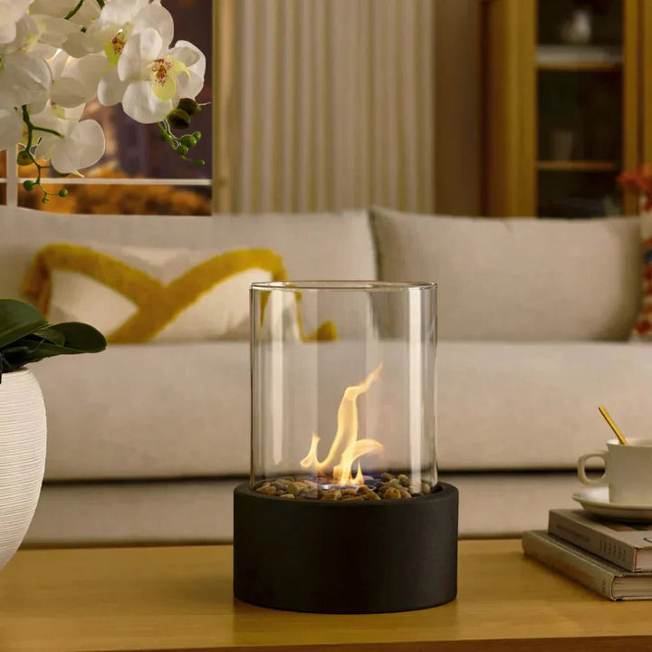 Glass and Metal Tabletop Fireplace for Indoor Ambiance