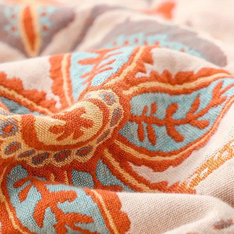 Cotton Floral Blanket with Boho Pattern