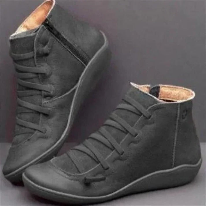 Womens Leather-Look Ankle Boots with Chunky Heel and Side Zipper Closure