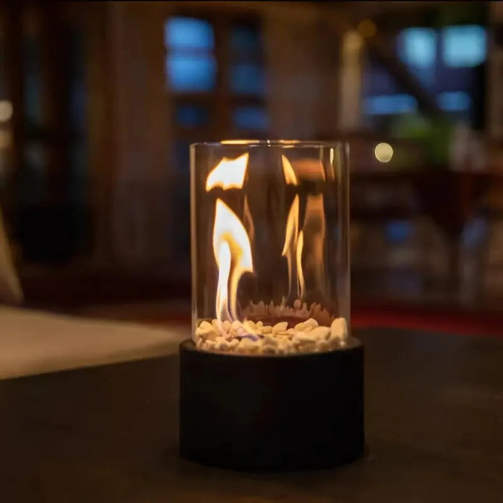 Glass and Metal Tabletop Fireplace for Indoor Ambiance