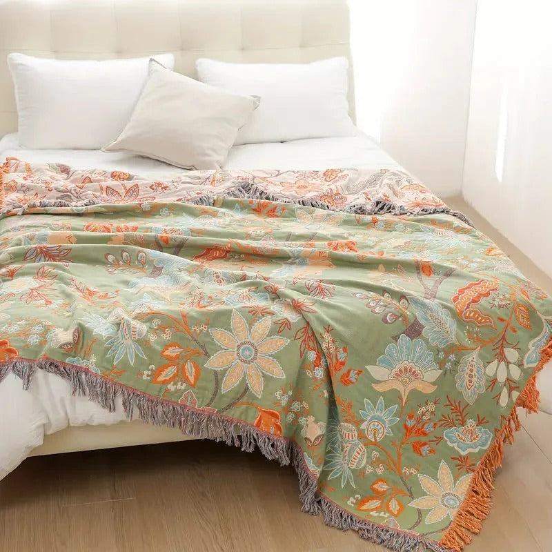 Cotton Floral Blanket with Boho Pattern