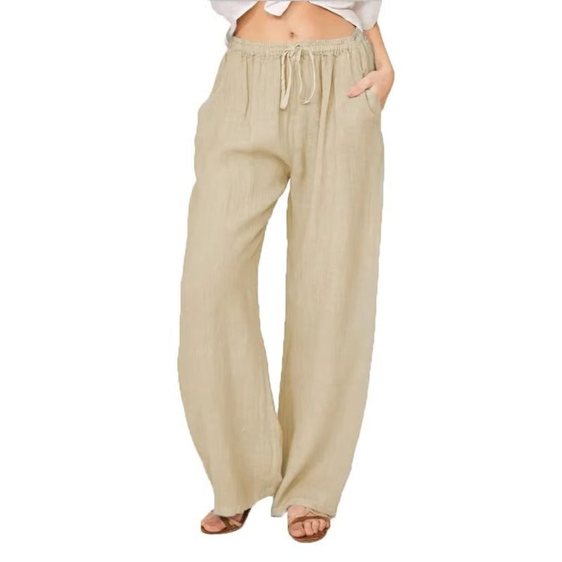 Womens Casual Linen Blend Wide Leg Trousers with Drawstring Waist and Side Pockets