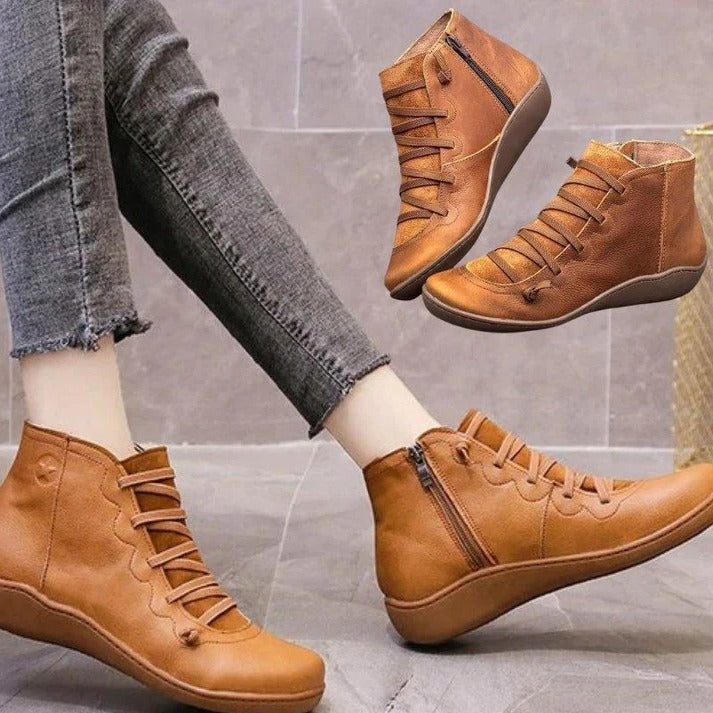 Womens Leather-Look Ankle Boots with Chunky Heel and Side Zipper Closure